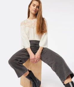 Blouse Manches 3/4 Avec Détails Broderie