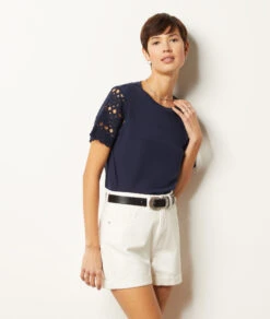 T-shirt à Manches Détails Crochet En Lin Mélangé -Boutique De Mode Luxe 653989425 6