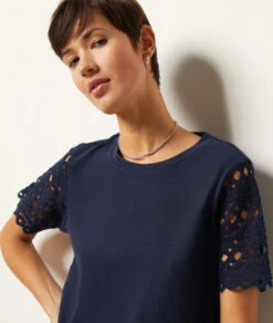 T-shirt à Manches Détails Crochet En Lin Mélangé -Boutique De Mode Luxe 653989425 b