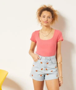 Short En Jean Détails Broderies, 100% Coton -Boutique De Mode Luxe 654032221 b