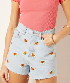 Short En Jean Détails Broderies, 100% Coton